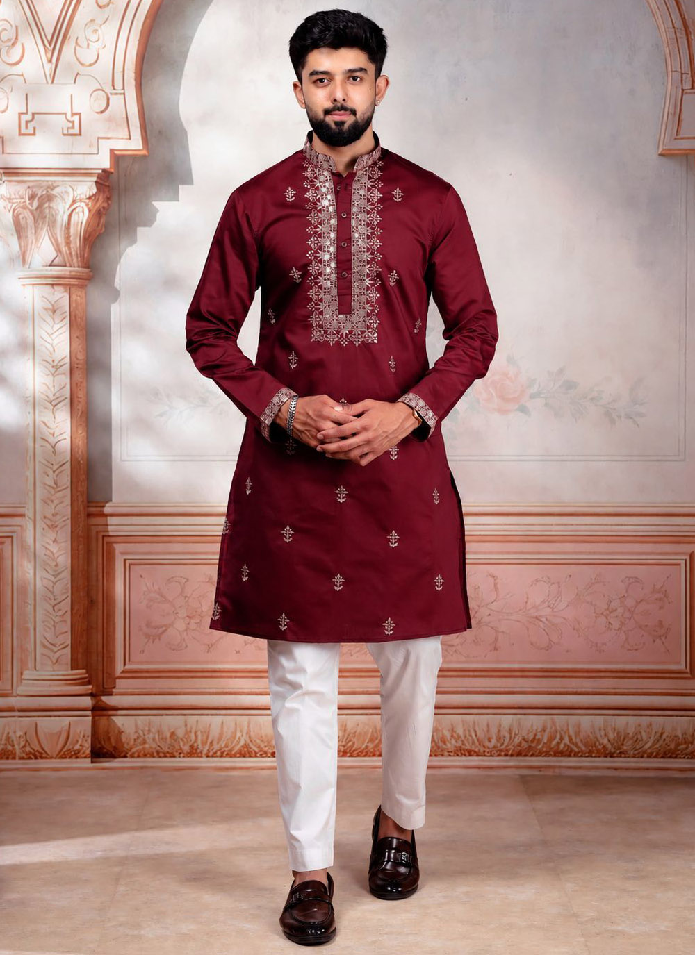 Maroon Cotton Embroidered Ceremonial Kurta Pyjama - Buy Online
