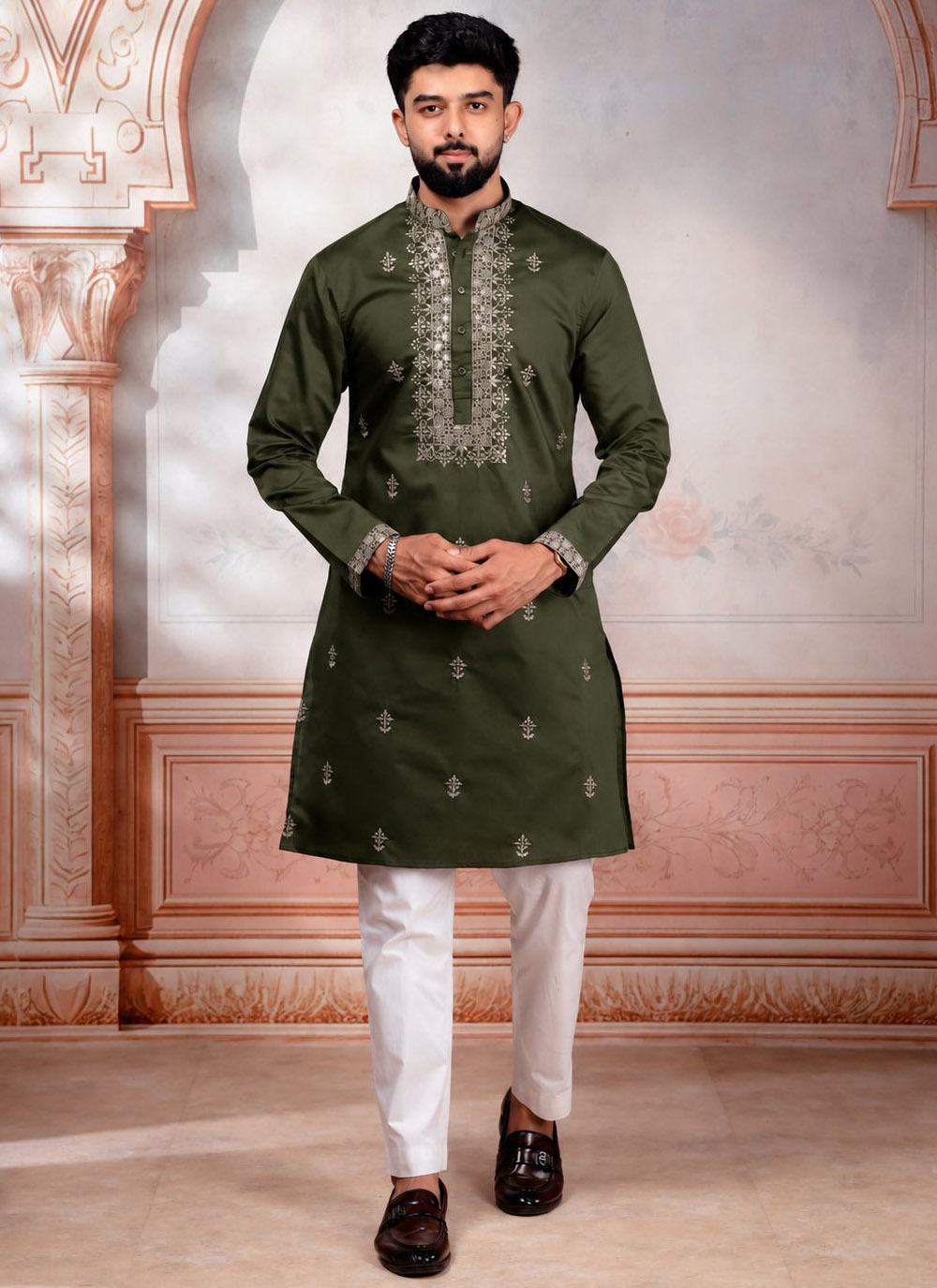 Cotton Embroidered Trendy Green Kurta Pyjama - Buy Online