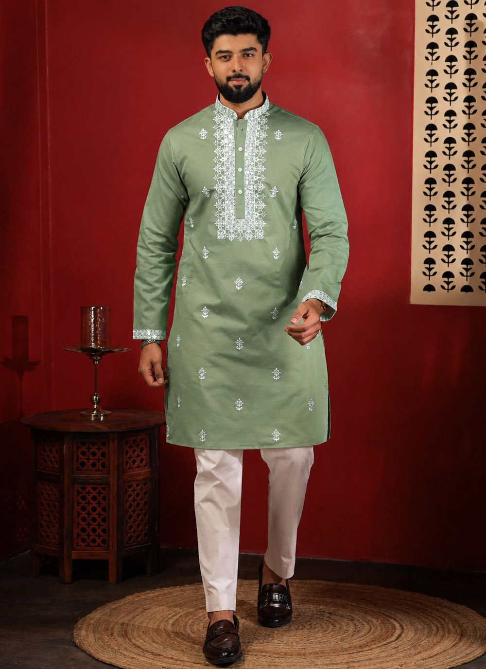 Green Embroidered Festival Wear Cotton Kurta Pyjama - Buy Online
