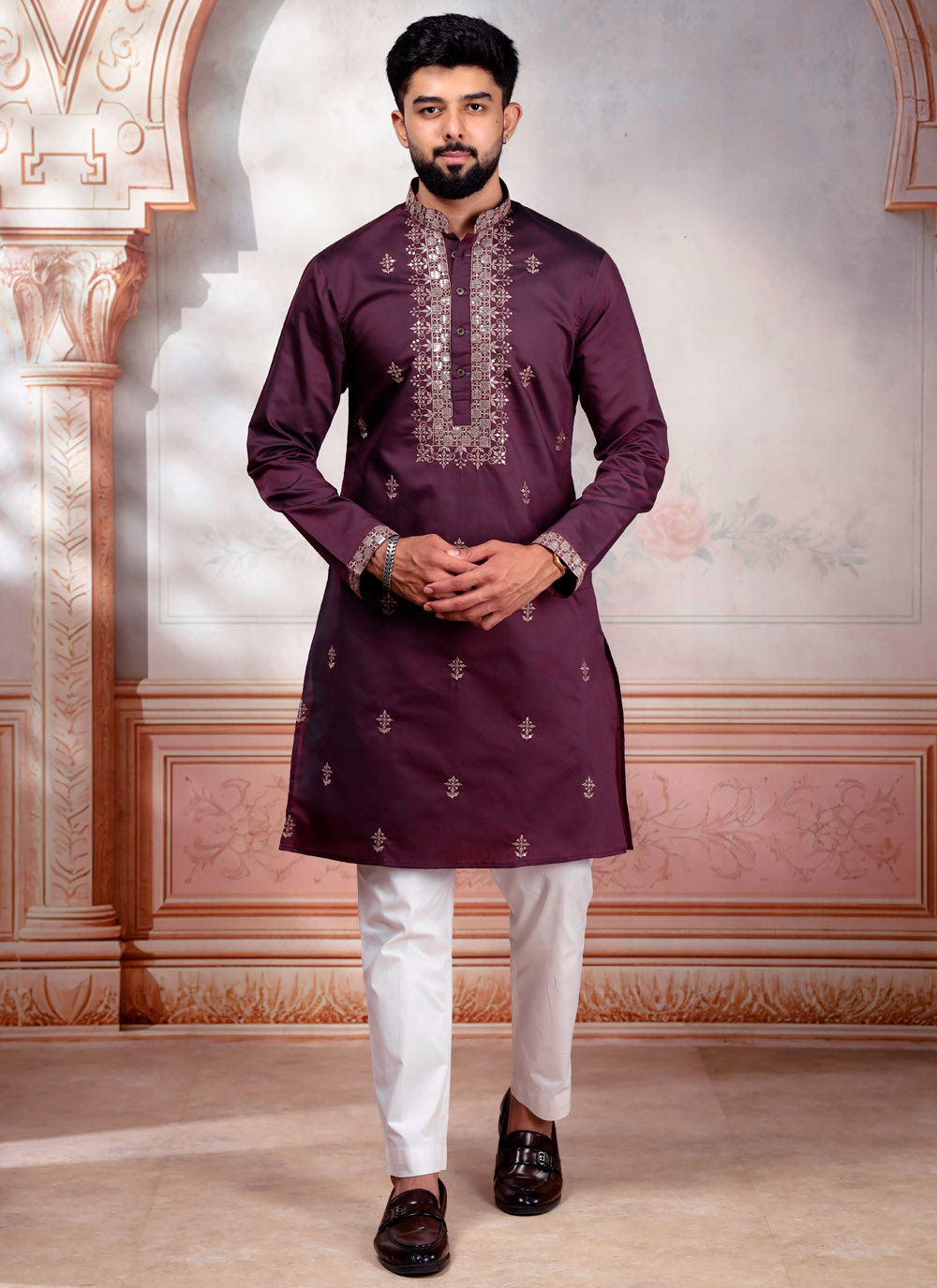 Cotton Embroidered Kurta Pyjama in Wine - Buy Online