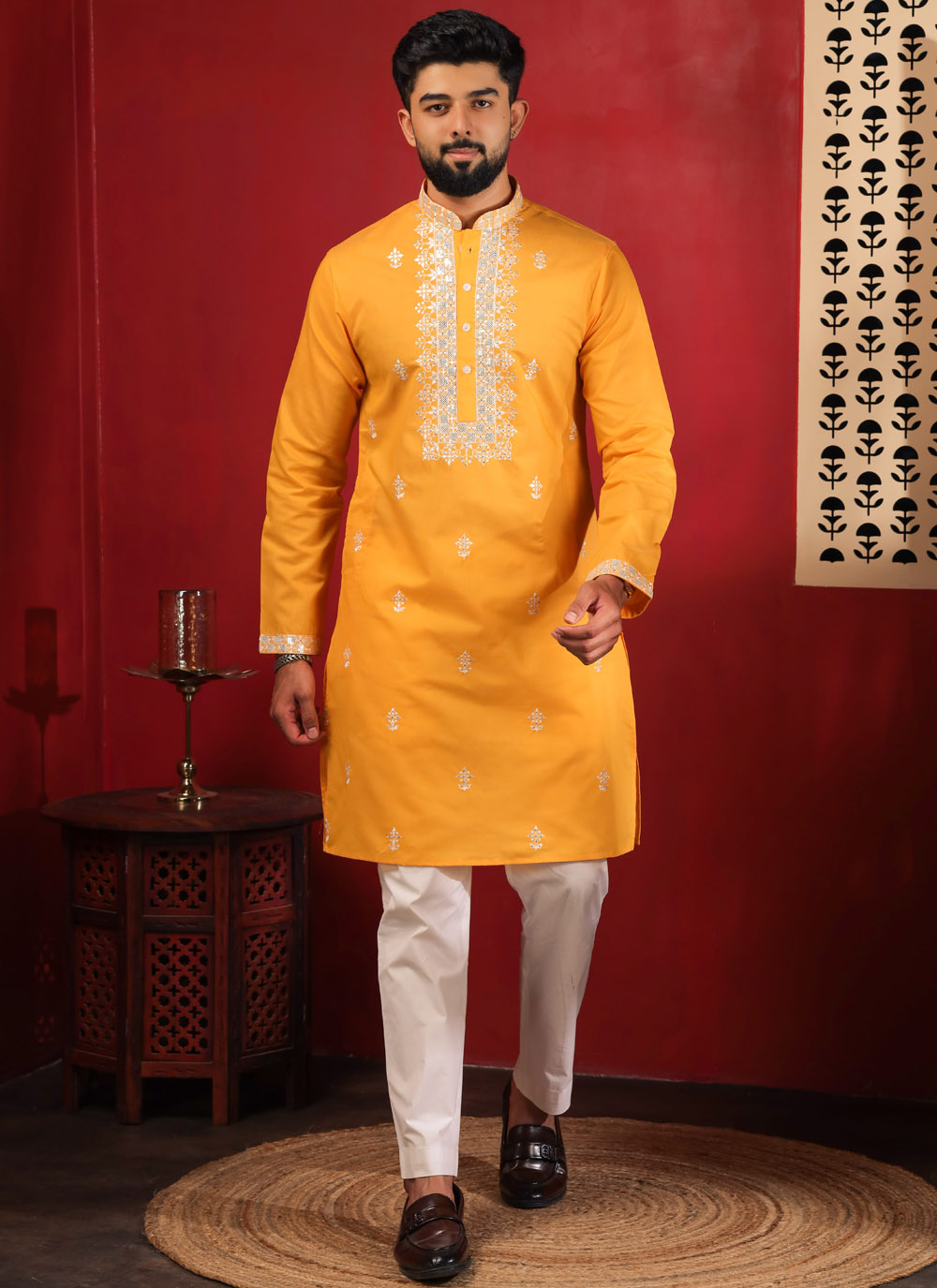 Yellow Embroidered Cotton Wedding Function Kurta Pyjama - Buy Online