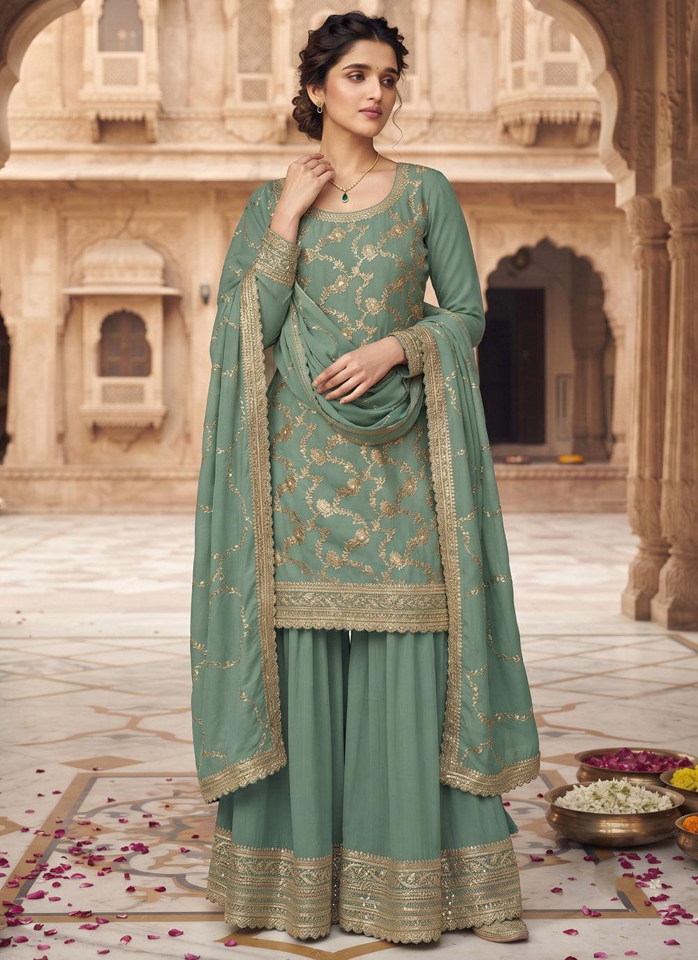 Chinon Embroidered Blue Palazzo Salwar Suit - Buy Online