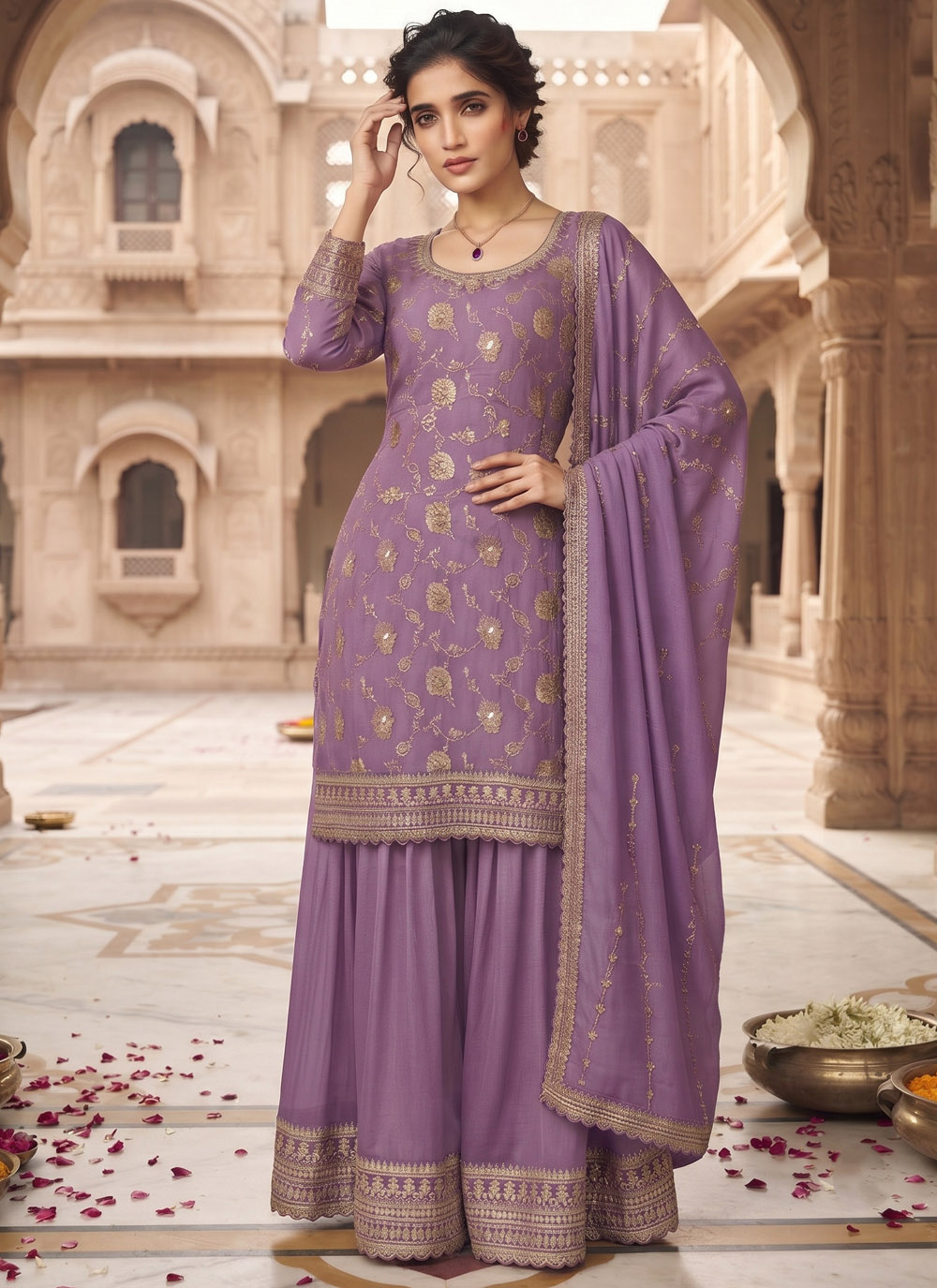 Lavender Chinon Embroidered Readymade Salwar Suit - Buy Online