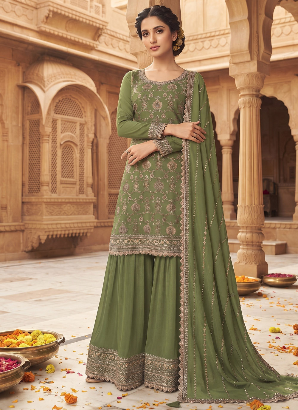 Embroidered Chinon Green Palazzo Style Suit for Ceremonial - Buy Online