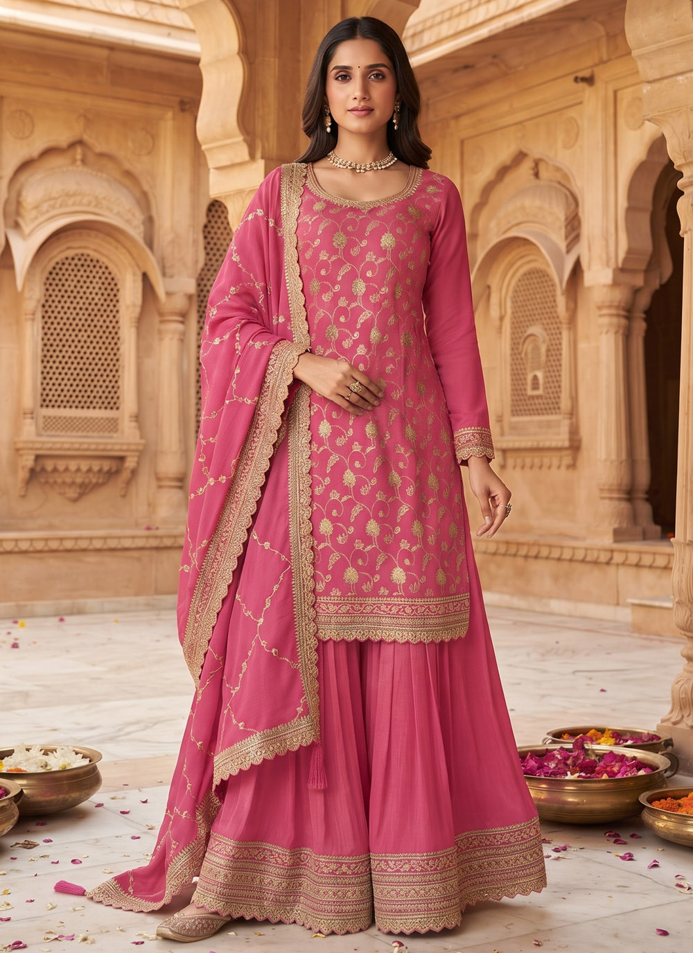 Pink Chinon Designer Salwar Kameez with Embroidery Work - Buy Online