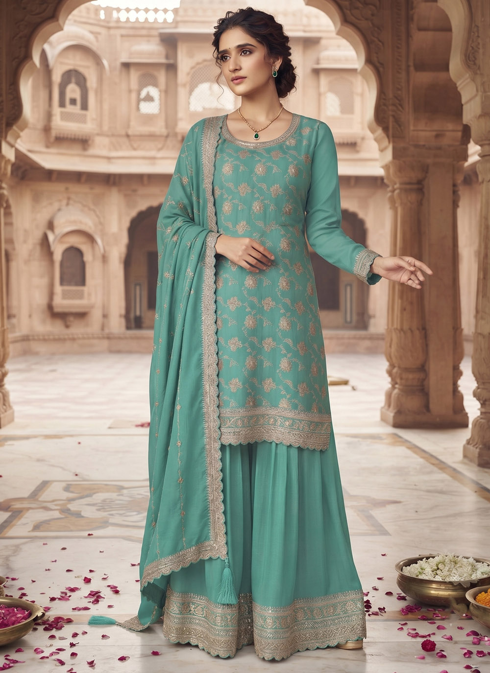 Chinon Embroidered Palazzo Salwar Suit in Firozi - Buy Online