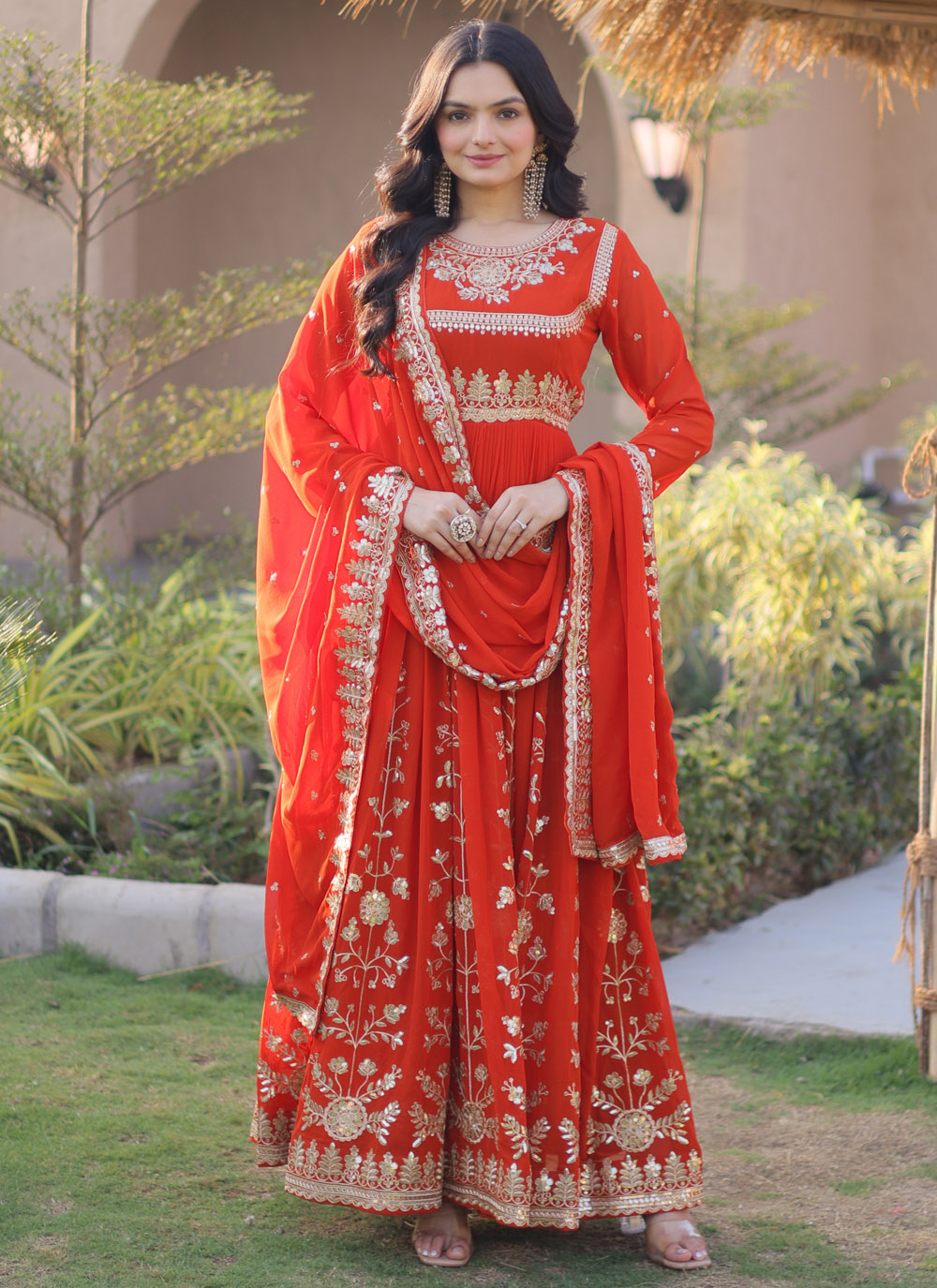 Orange Faux Georgette Zari Embroidered Readymade Gown - Buy Online