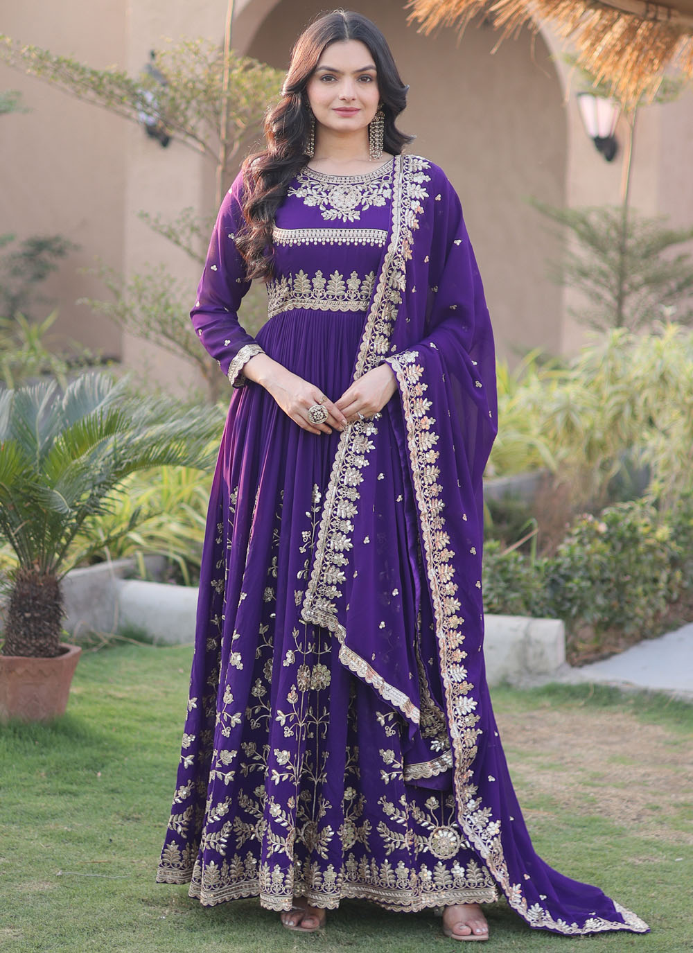 Faux Georgette Purple Sequins Embroidered Trendy Gown - Buy Online