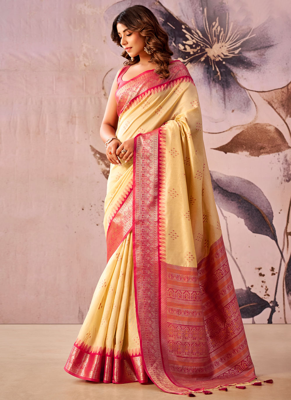 Tissue Silk Cream Jacquard Zari Weaving Traditional Saree - Buy Online
