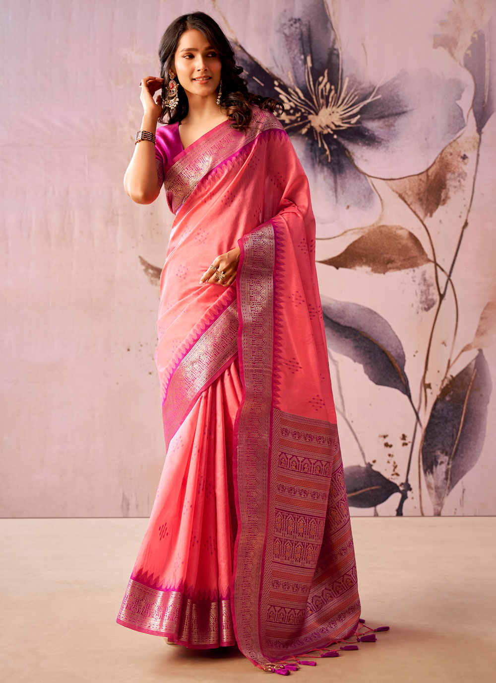 Pink Jacquard Work Tissue Silk Festival Trendy Saree - Buy Online