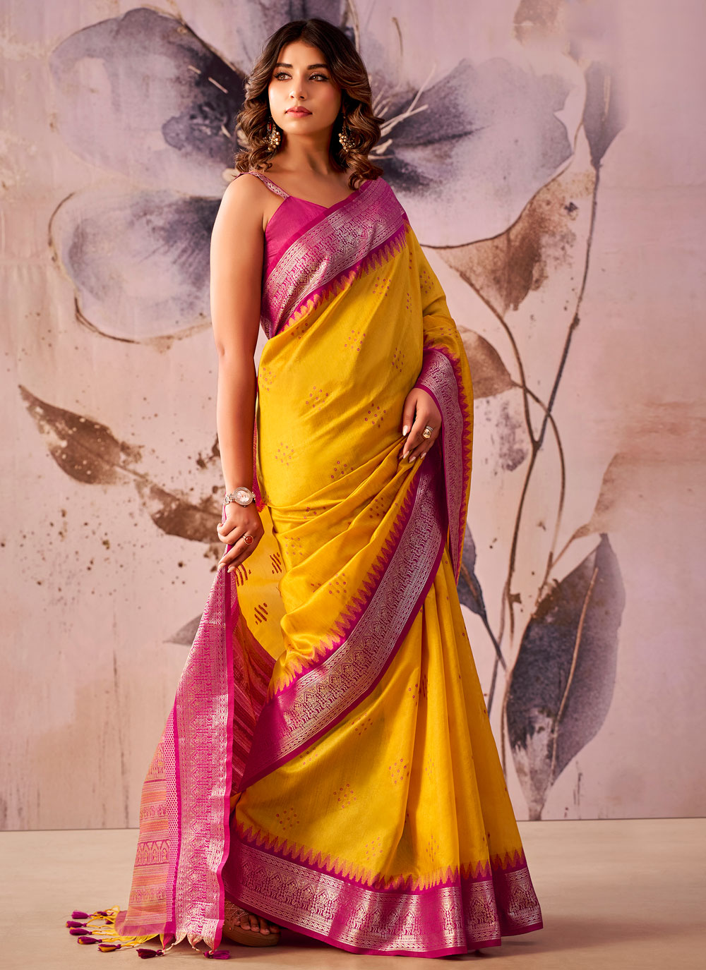 Tissue Silk Yellow Jacquard and Zari Work Classic Saree - Buy Online