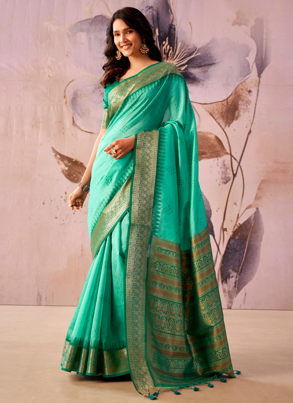 Jacquard Zari Weaving Tissue Silk Sea Green Contemporary Saree - Buy Online