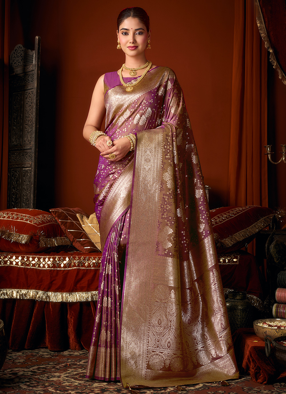 Purple Jacquard Silk Zari Weaving Work Traditional Saree - Buy Online