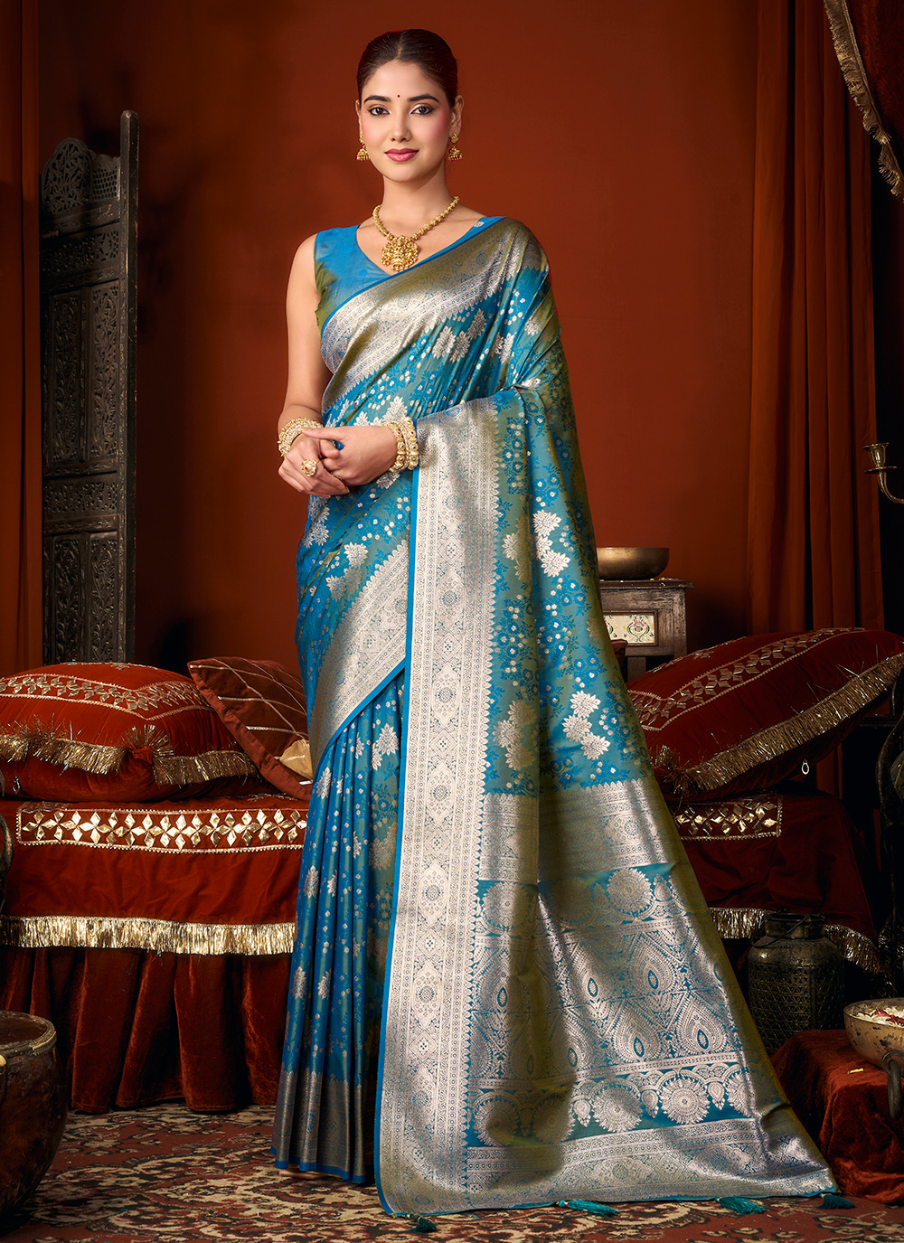 Jacquard Silk Zari Weaving Teal Contemporary Saree - Buy Online