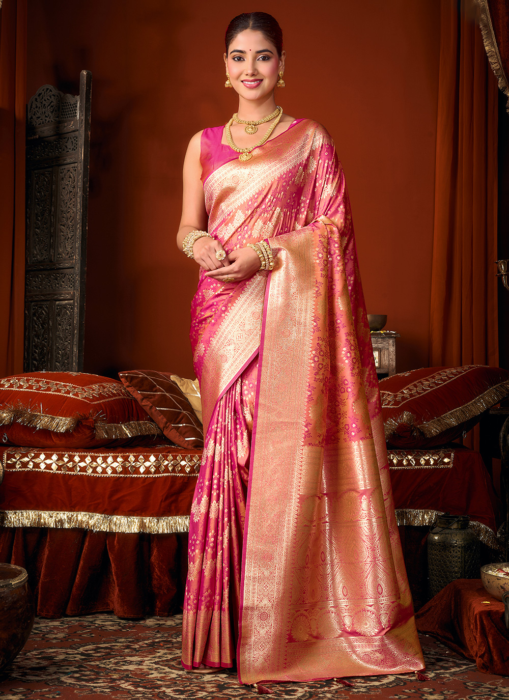 Pink Weaving Zari Jacquard Silk Saree for Ceremonial - Buy Online