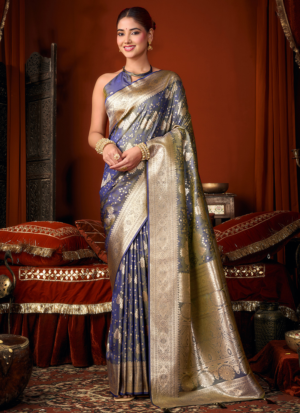 Blue Zari Weaving Jacquard Silk Trendy Saree - Buy Online
