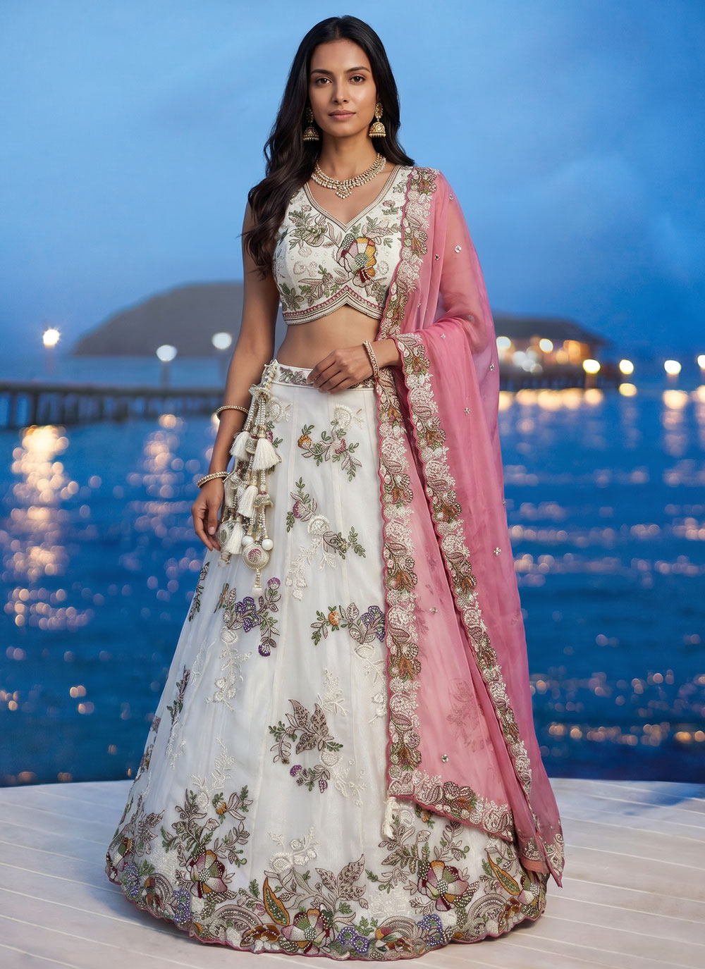 Cream Tissue Sequins Embroidered Engagement Lehenga Choli with Dupatta - Buy Online