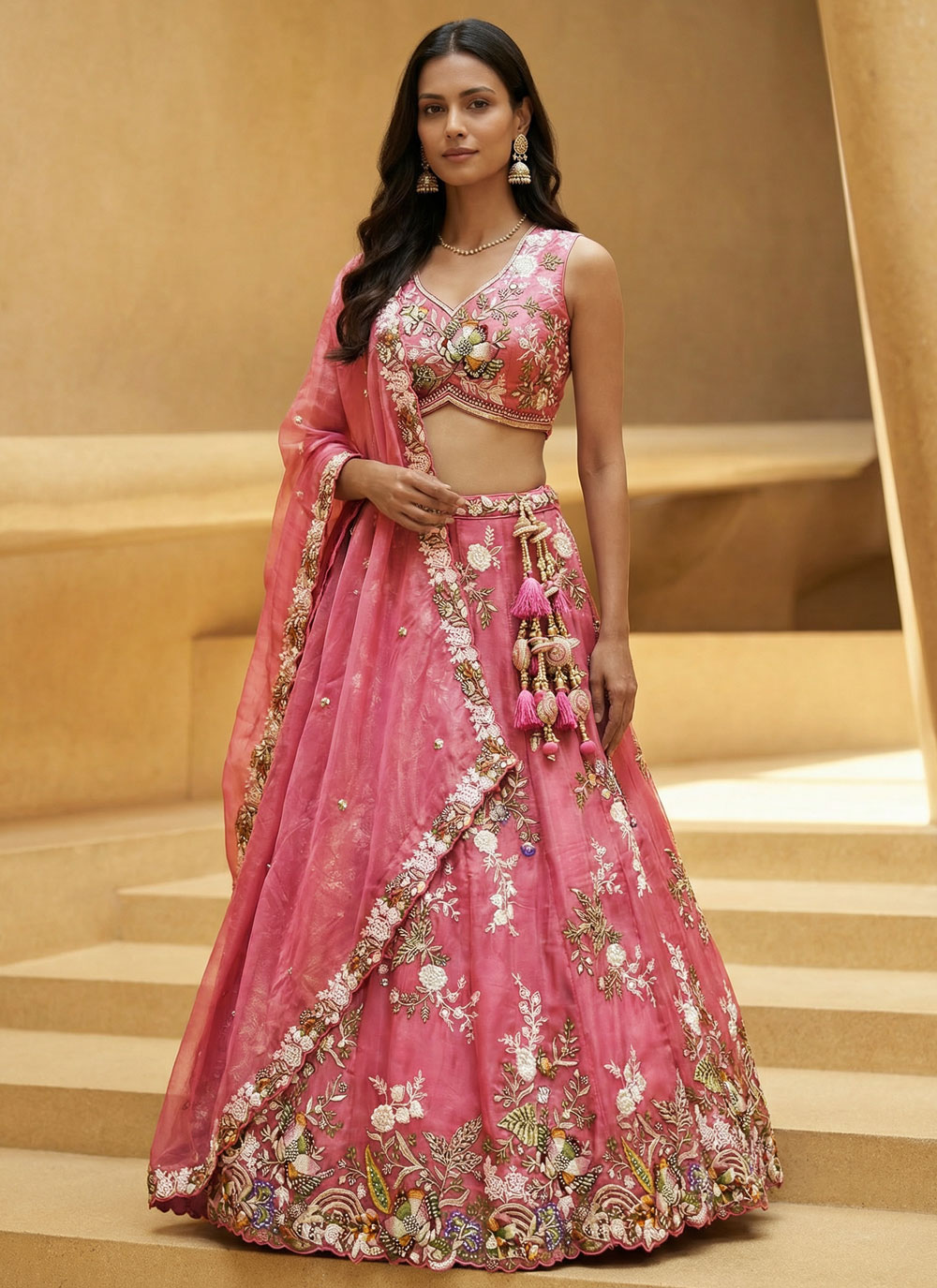 Tissue Embroidered Designer Pink Wedding Lehenga Choli - Buy Online