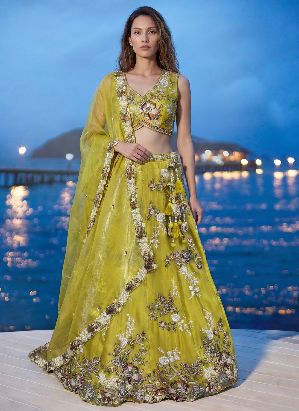 Embroidered Yellow Tissue Designer Lehenga Choli for Haldi Function - Buy Online