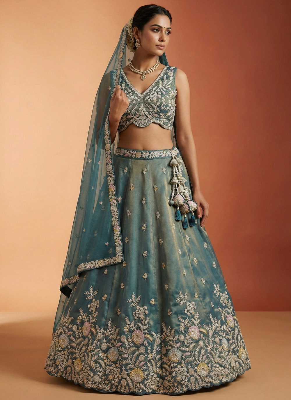 Sea Green Tissue Embroidered Reception Lehenga Choli - Buy Online