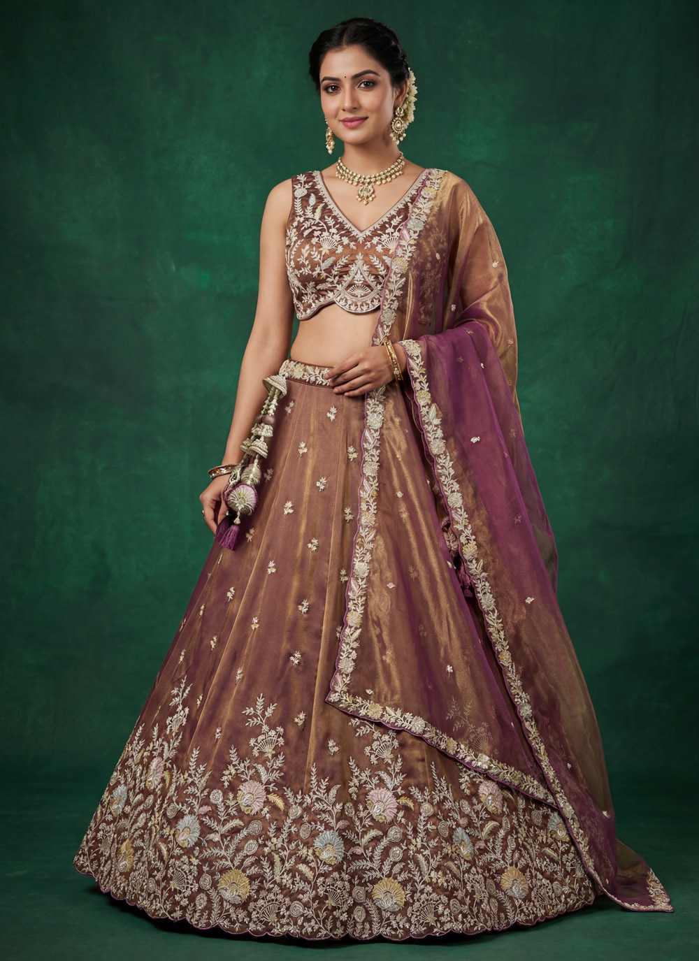 Tissue Brown Embroidered Trendy Wedding Lehenga Choli - Buy Online