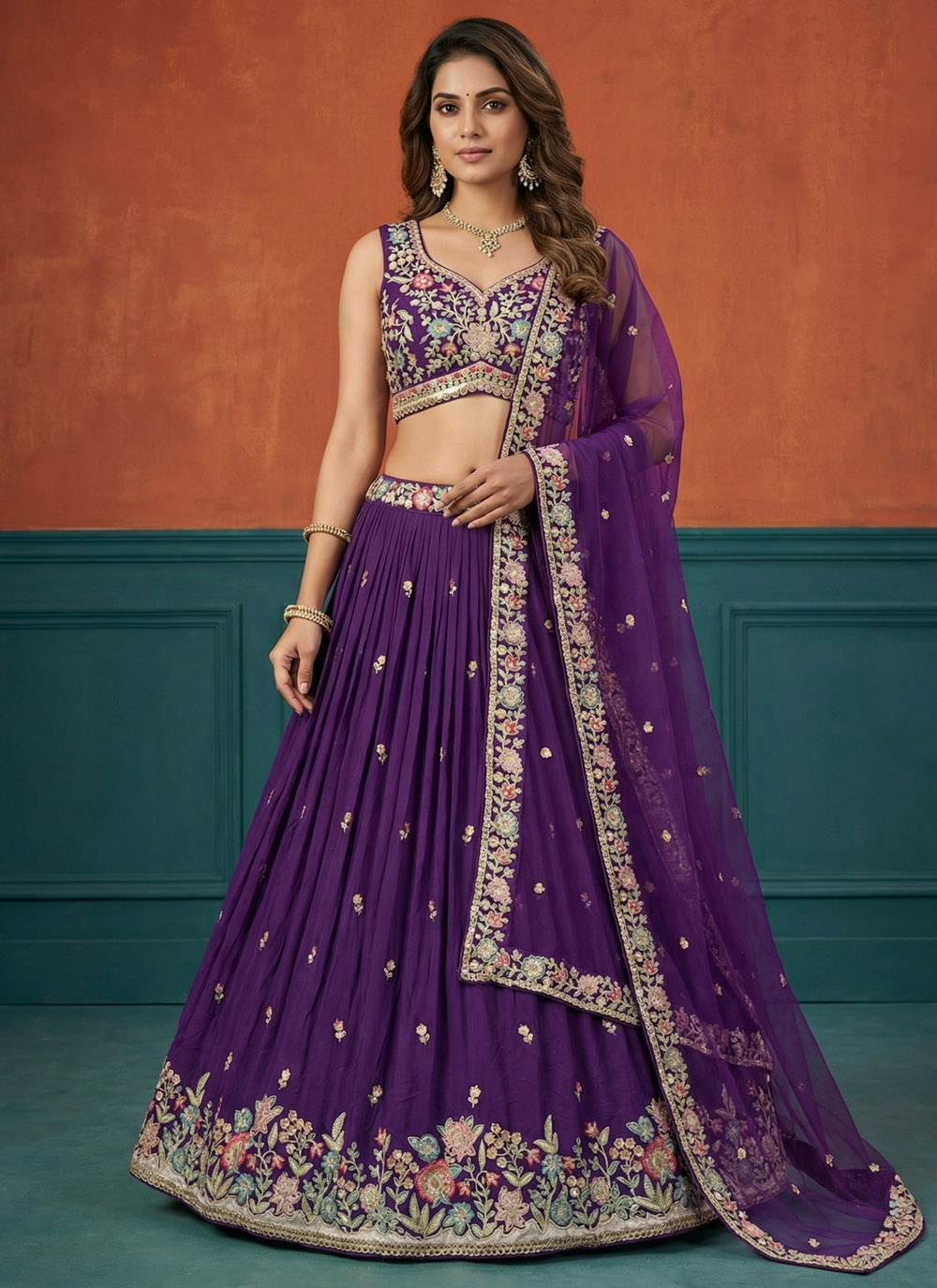 Purple Sequins Work Georgette Designer Lehenga Choli with Dupatta - Buy Online