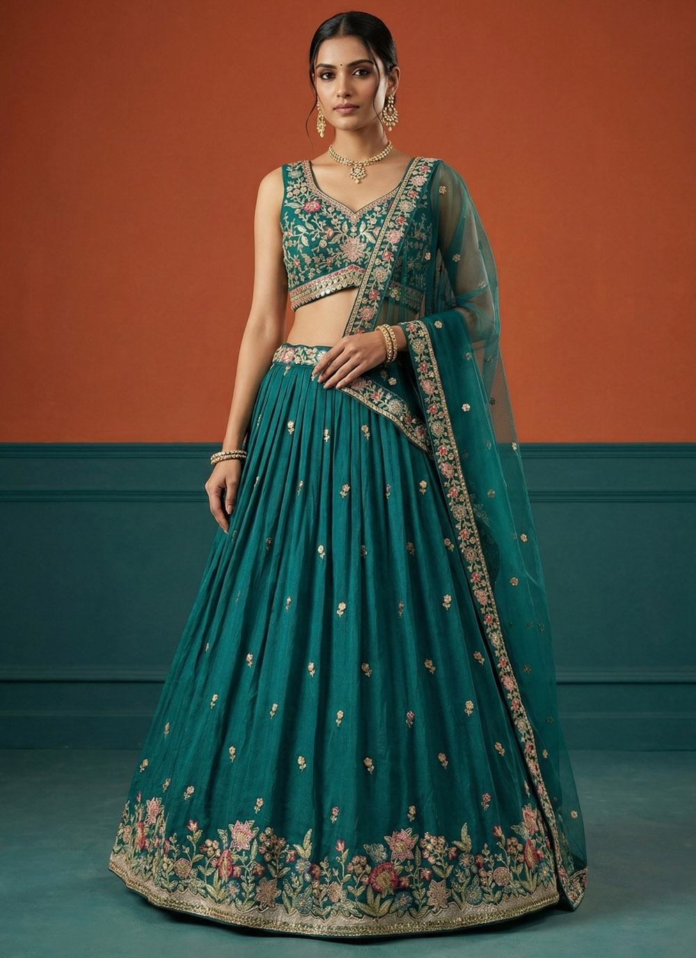 Green Embroidered Georgette Lehenga Choli Set for Mehandi - Buy Online