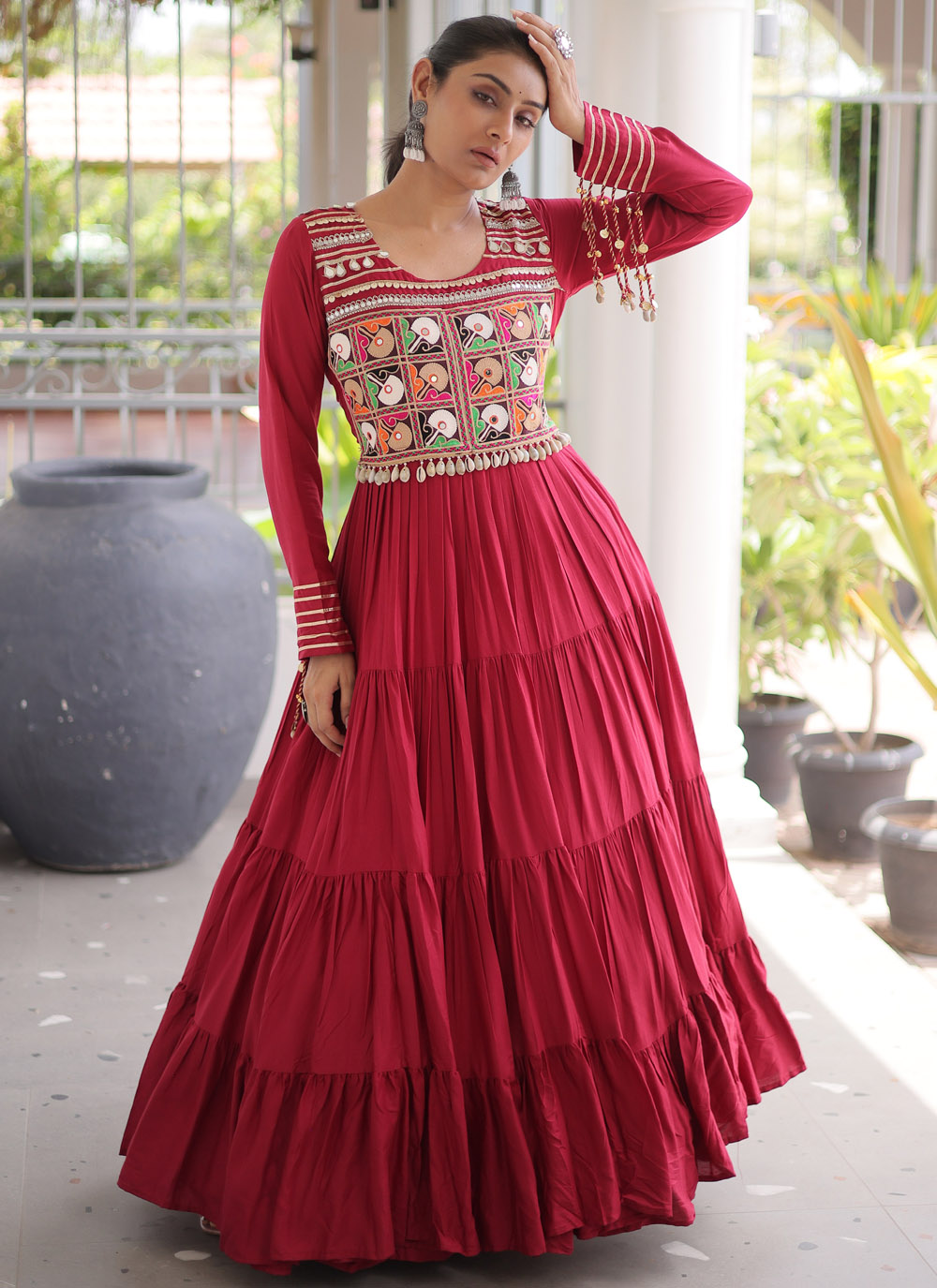 Rayon Maroon Gamthi and Mirror Work Readymade Festival Gown - Buy Online