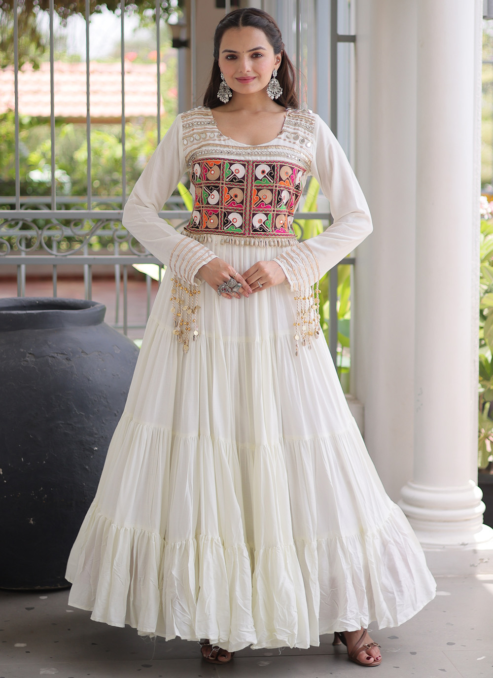 White Gamthi Mirror Embroidered Rayon Designer Navratri Gown - Buy Online