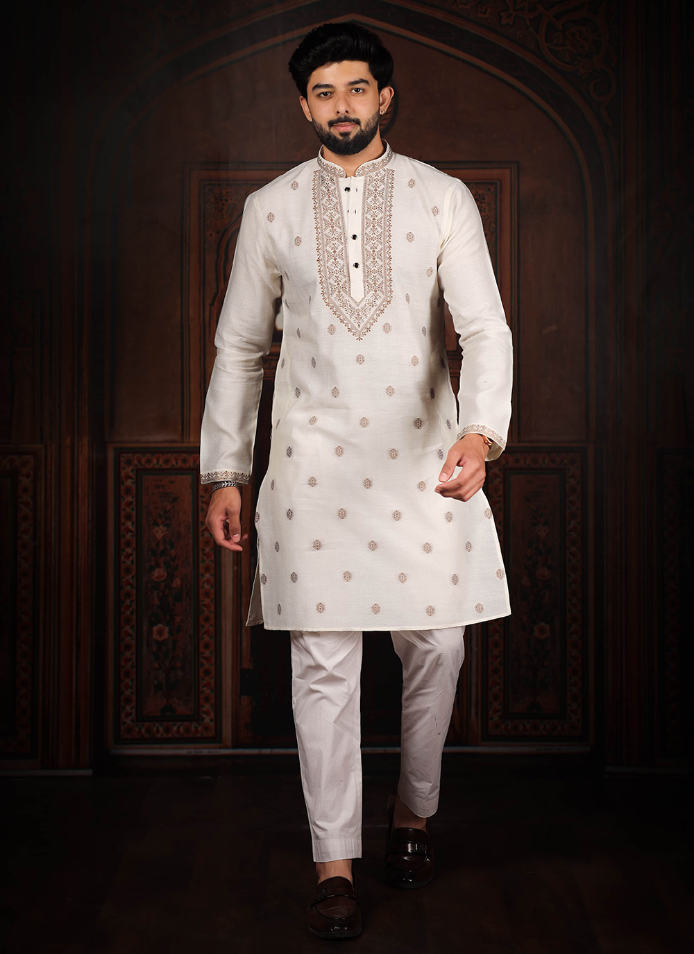 White Cotton Jacquard Work Designer Kurta Pyjama Men's Wear - Buy Online