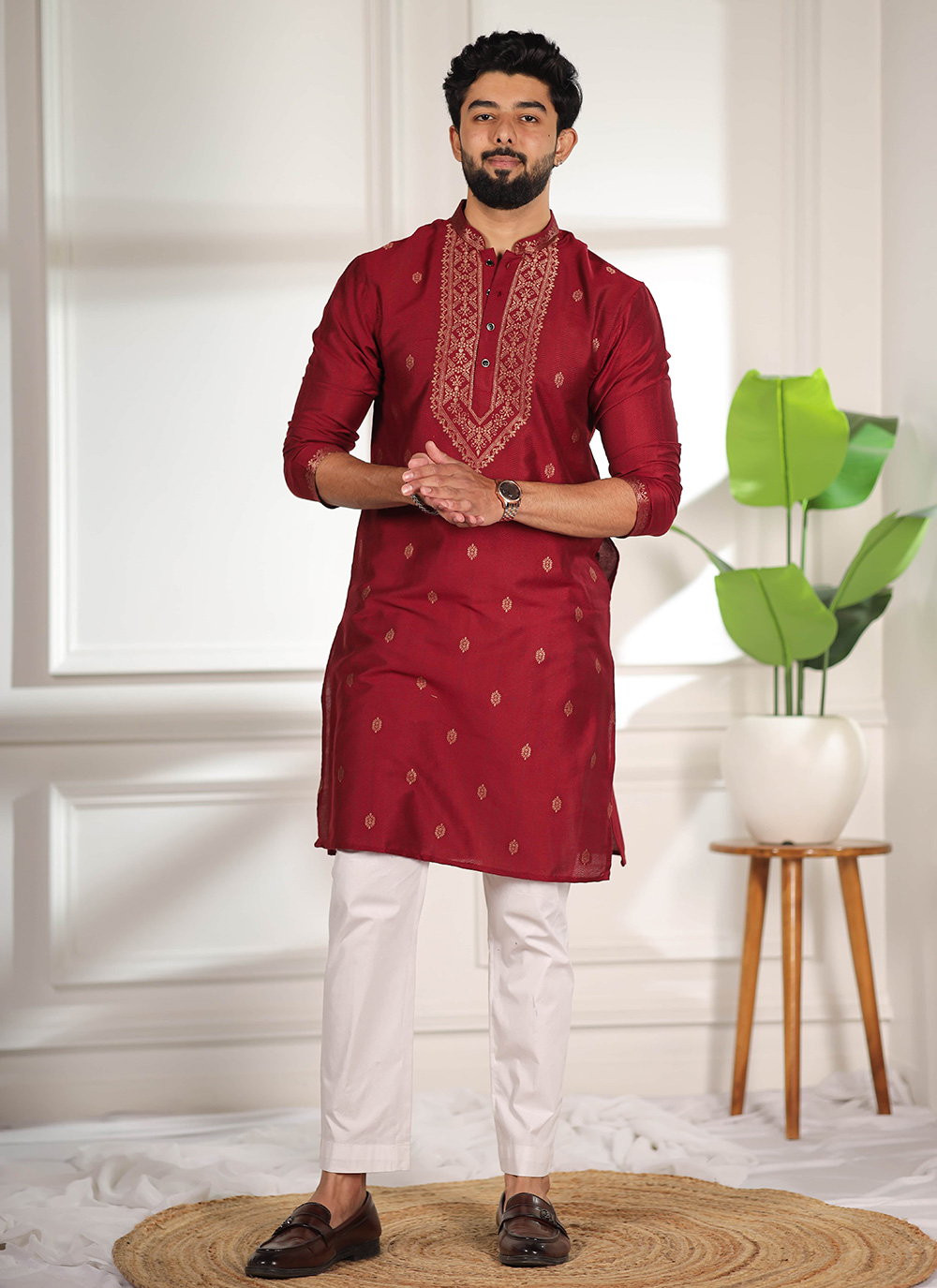 Jacquard Work Maroon Cotton Wedding Wear Kurta Pyjama for Men - Buy Online