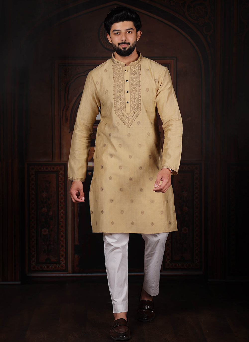 Brown Cotton Festival Kurta Pyjama with Jacquard Work - Buy Online