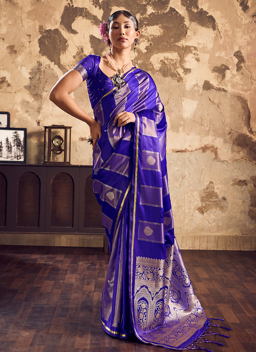 Violet Satin Weaving Zari Work Designer Saree - Buy Online