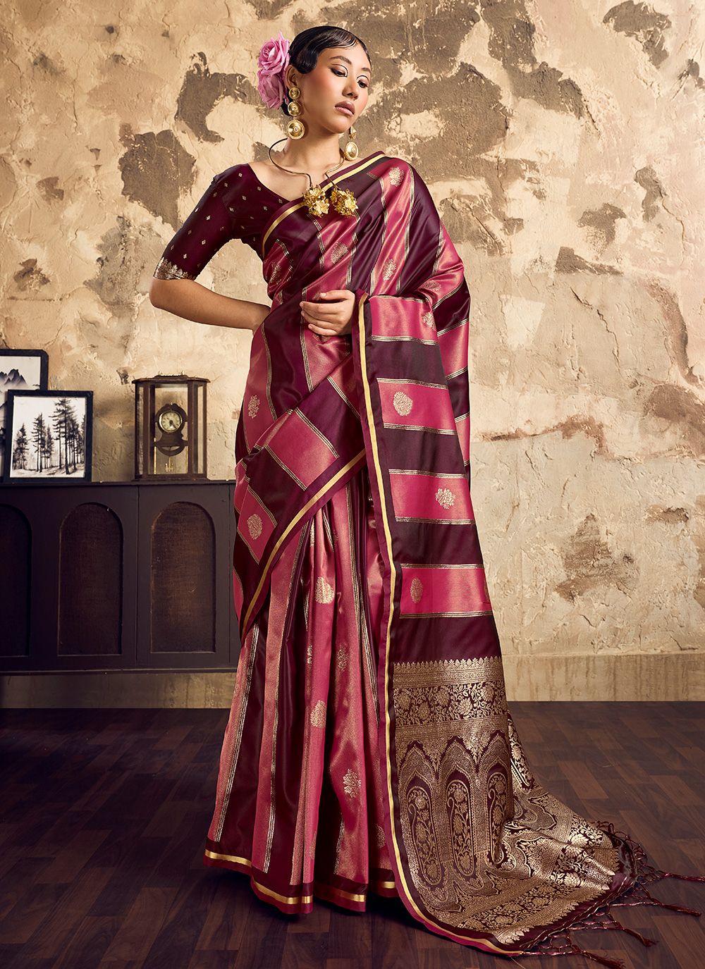 Satin Zari Weaving Wine Contemporary Saree for Party - Buy Online