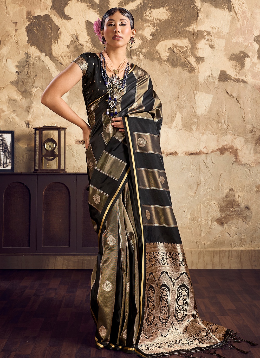 Weaving Black Satin Trendy Saree with Matching Blouse - Buy Online