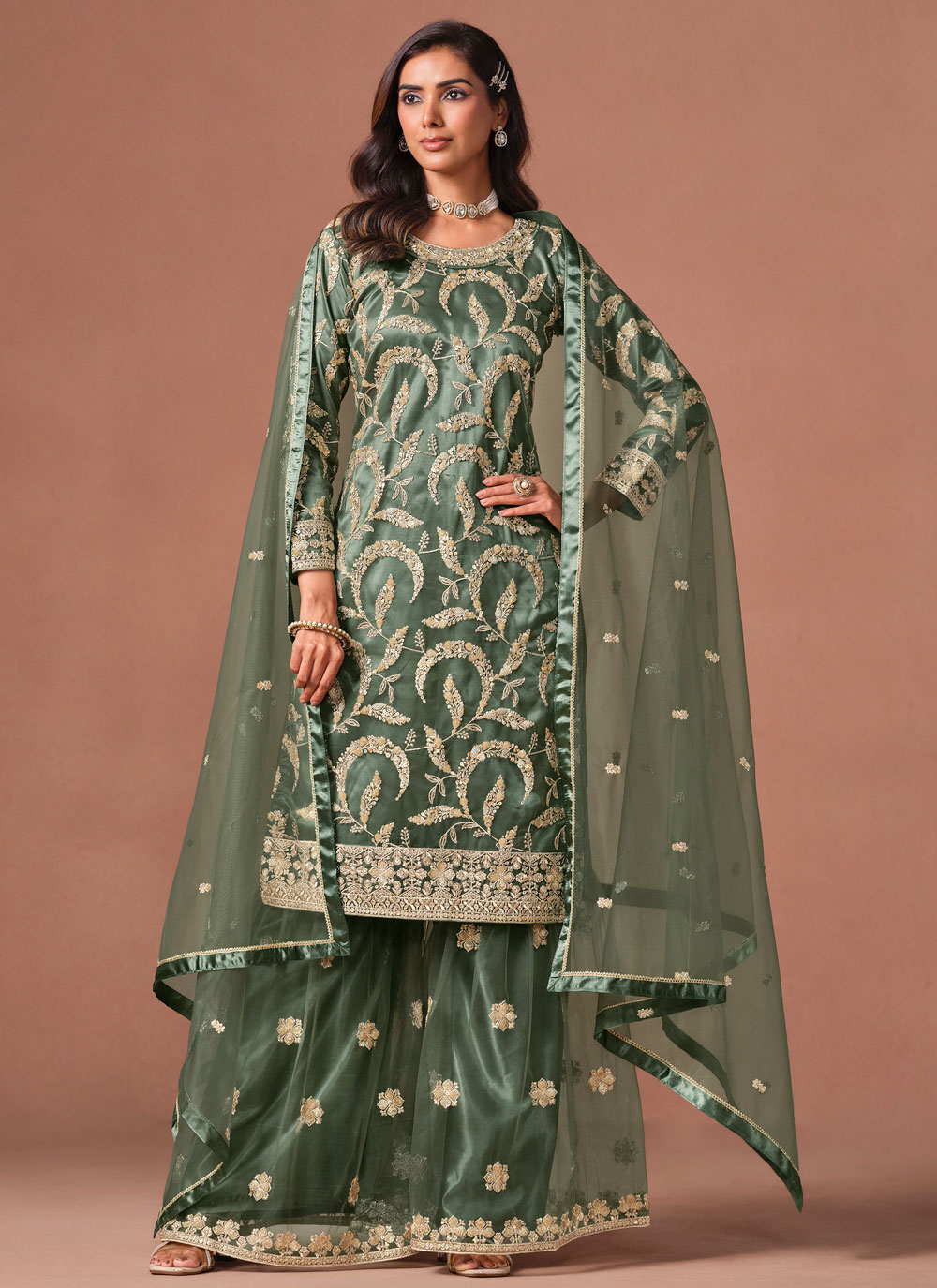 Net Zari Sequins Embroidered Green Ceremonial Salwar Kameez - Buy Online
