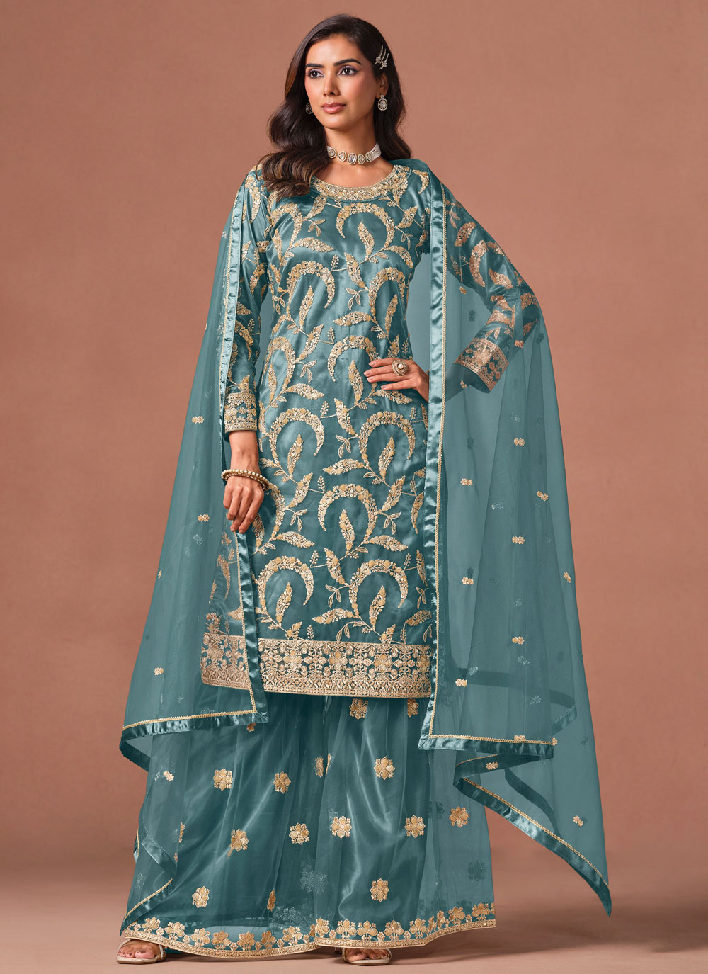 Net Sequins Embroidered Turquoise Salwar Kameez with Dupatta - Buy Online
