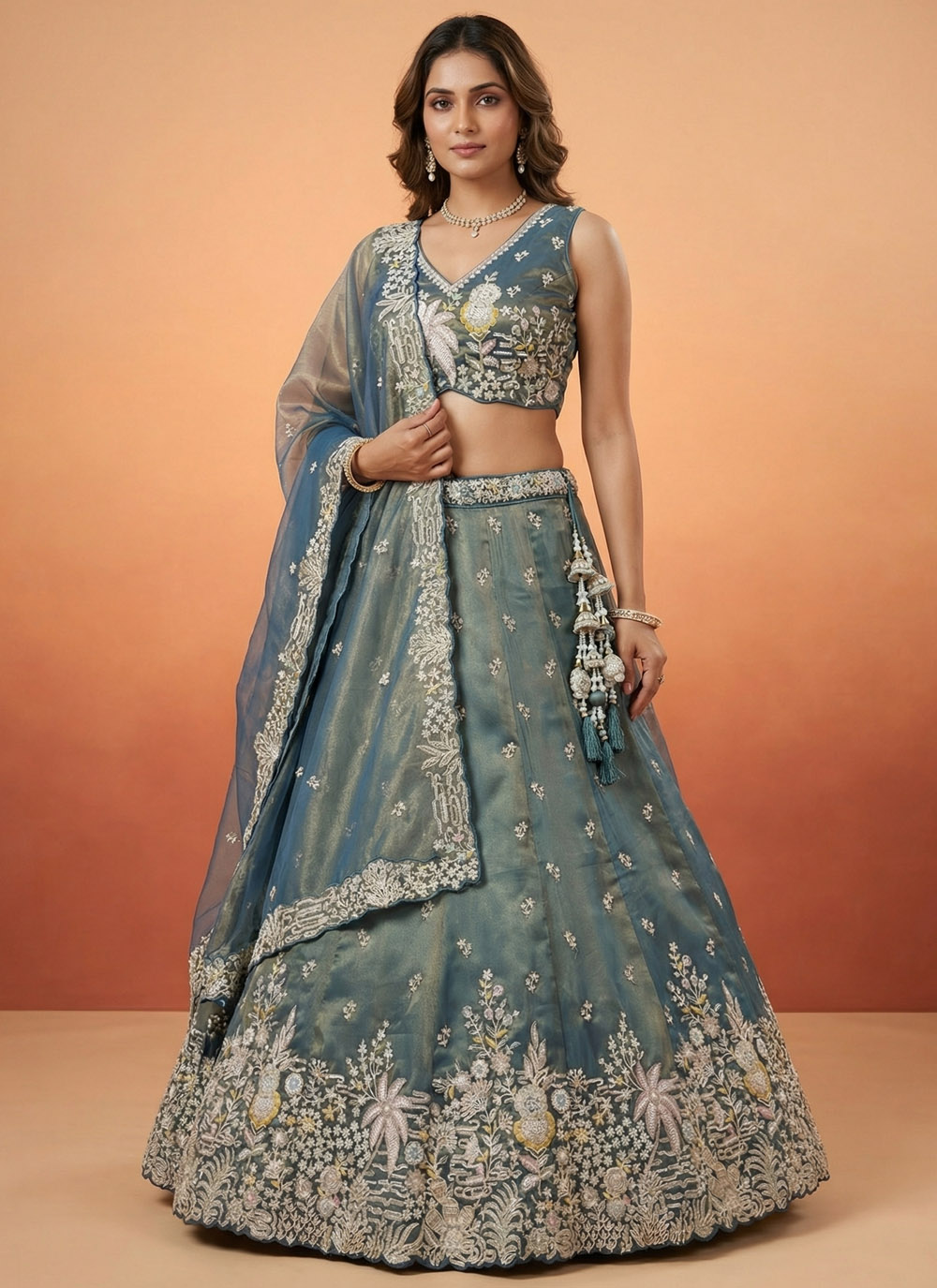 Blue Tissue Beads Embroidered Lehenga Choli with Dupatta - Buy Online