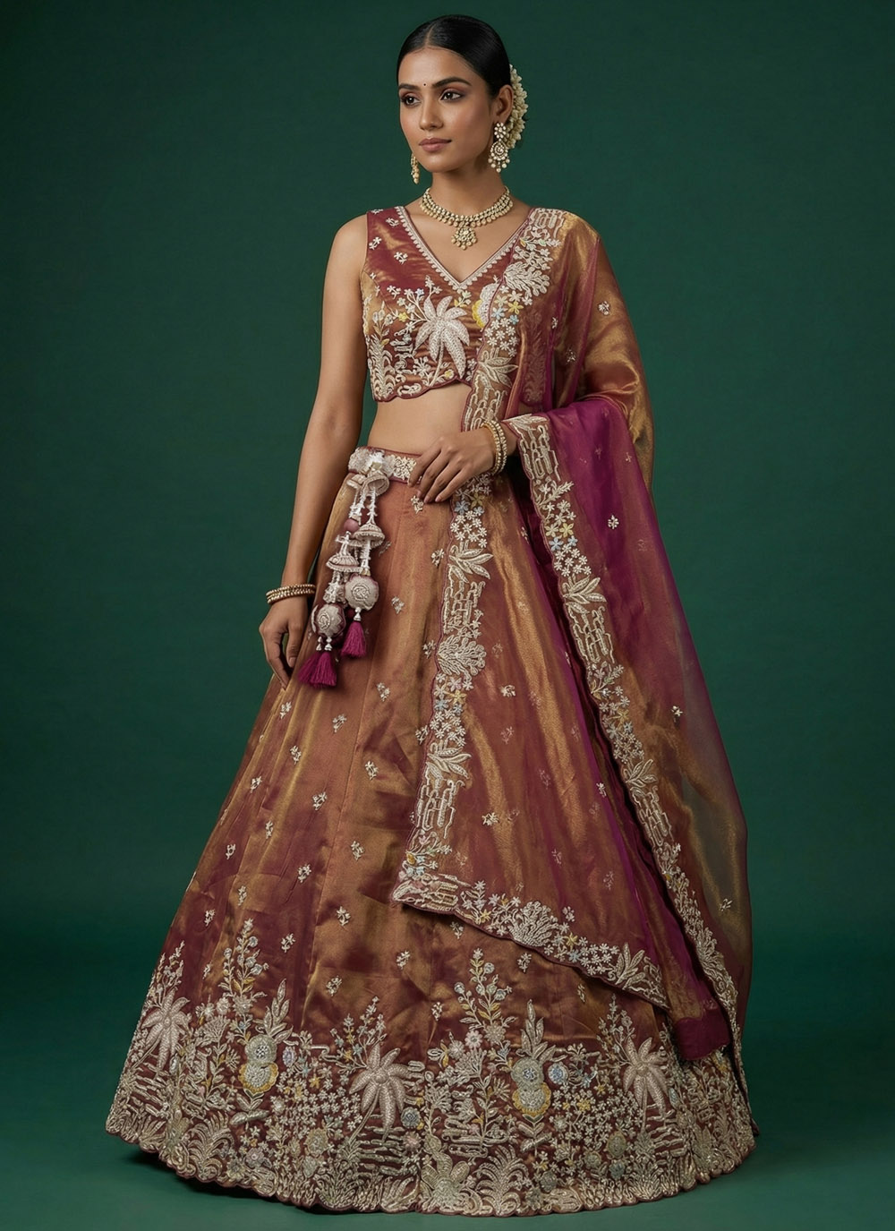 Brown Embroidered Beads Work Tissue Engagement Lehenga Choli - Buy Online