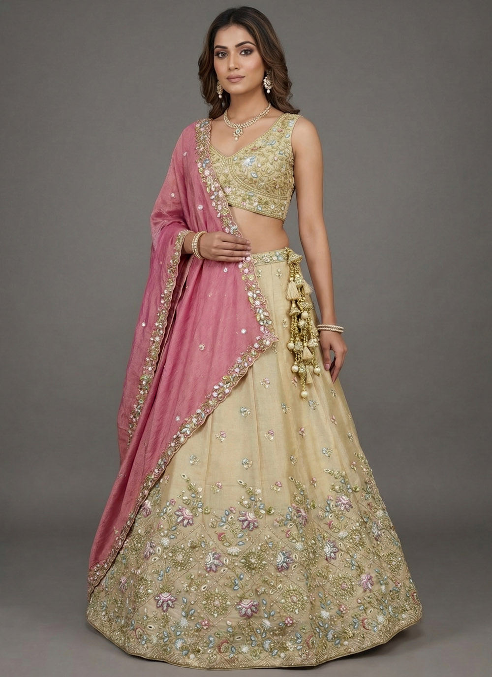 Tissue Cream Beads Embroidered Designer Lehenga Choli for Reception - Buy Online