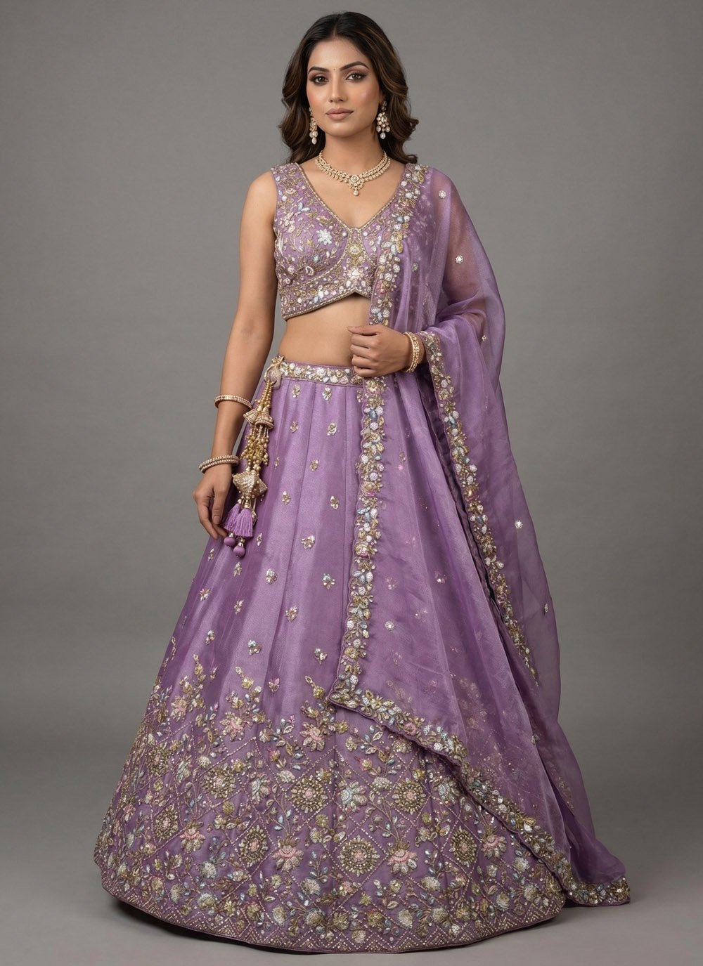 Lavender Tissue Embroidered Beads Work Trendy Lehenga Choli - Buy Online