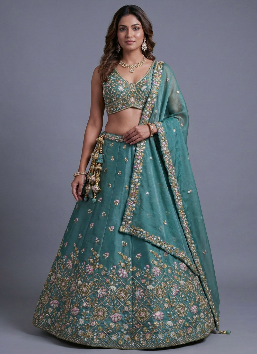 Sea Green Embroidered Tissue Lehenga Choli for Bridesmaid - Buy Online