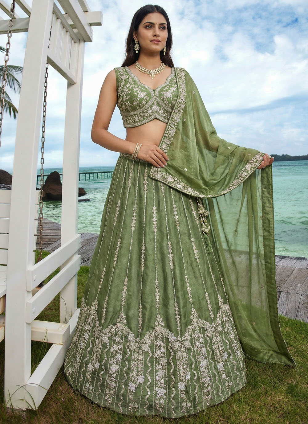 Green Beads Embroidery Stone Work Chiffon Designer Lehenga Choli - Buy Online