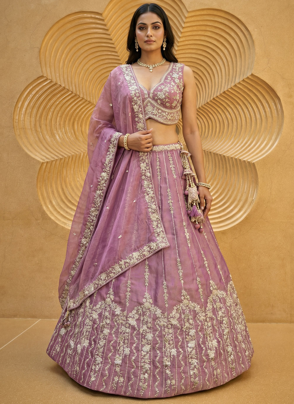 Chiffon Pink Embroidered Beads Work Wedding Lehenga Choli - Buy Online
