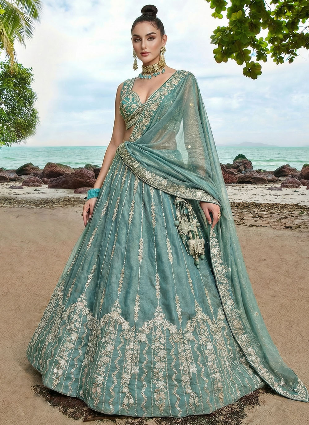 Embroidered Chiffon Designer Lehenga Choli in Turquoise - Buy Online