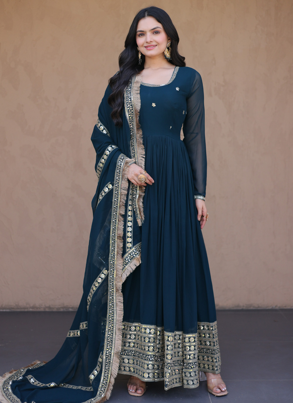 Sequins Embroidered Faux Georgette Designer Gown in Rama - Buy Online