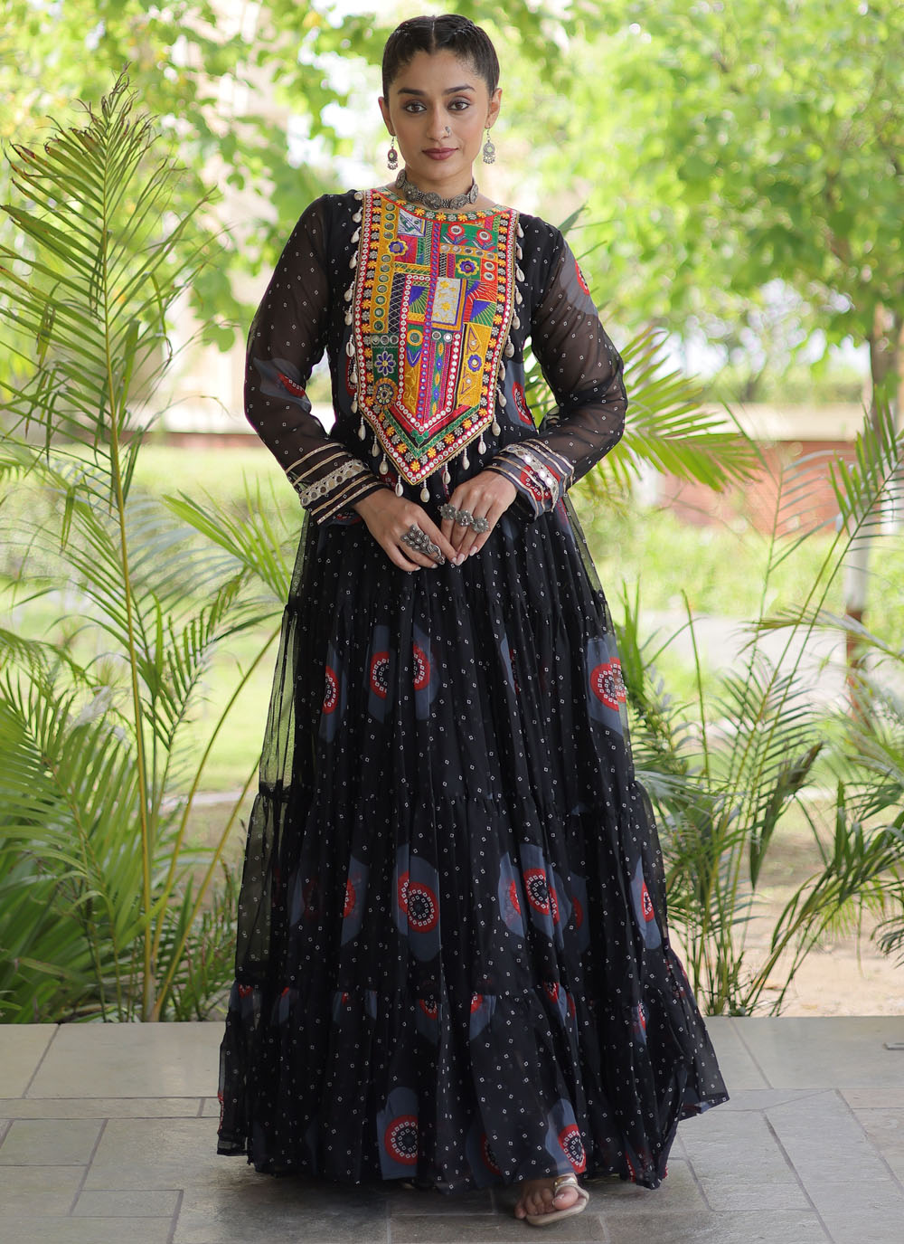 Black Faux Georgette Bandhej Print and Patch Work Designer Garba Gown - Buy Online