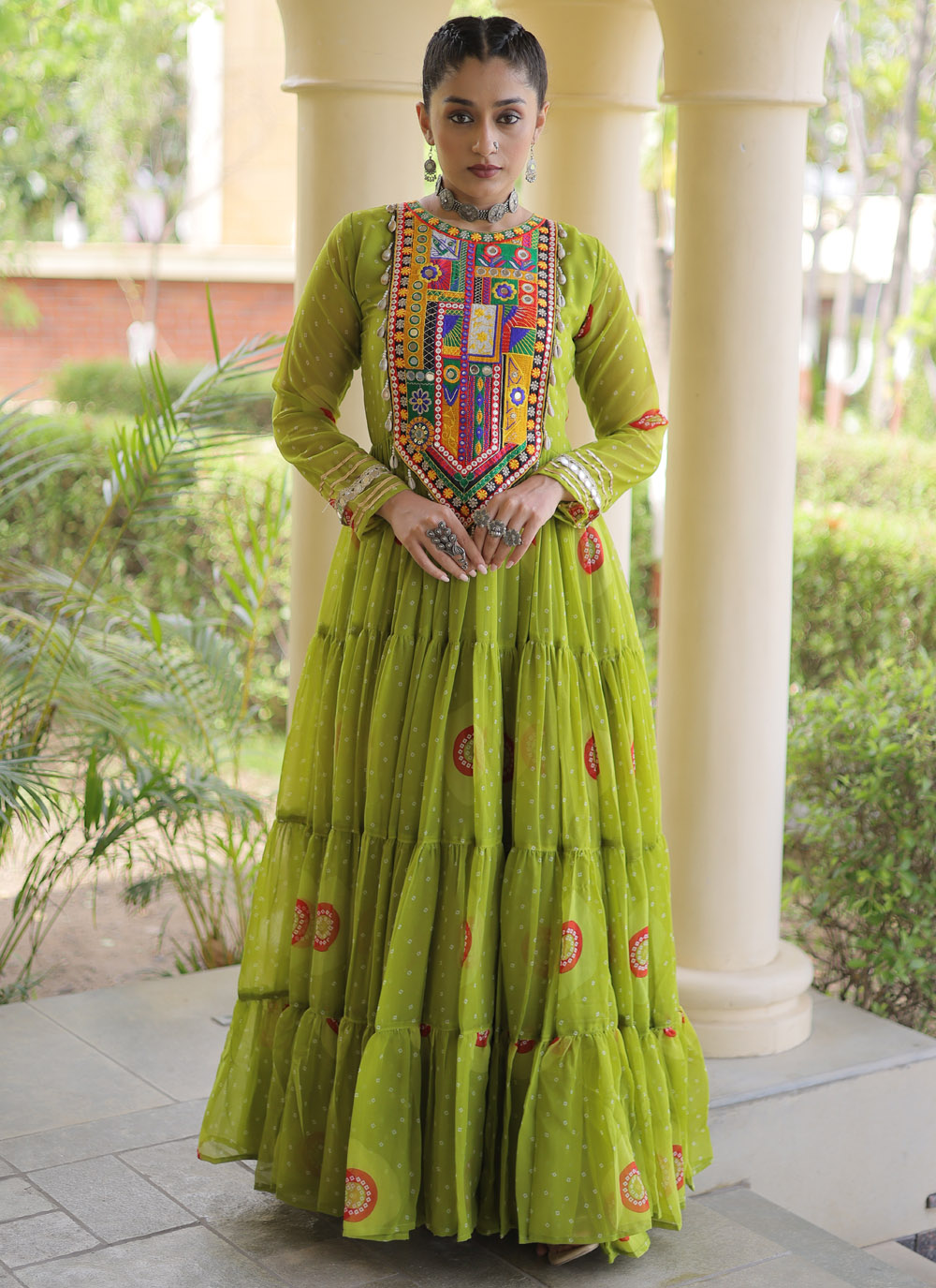 Faux Georgette Green Print and Patch Work Gown for Navratri - Buy Online