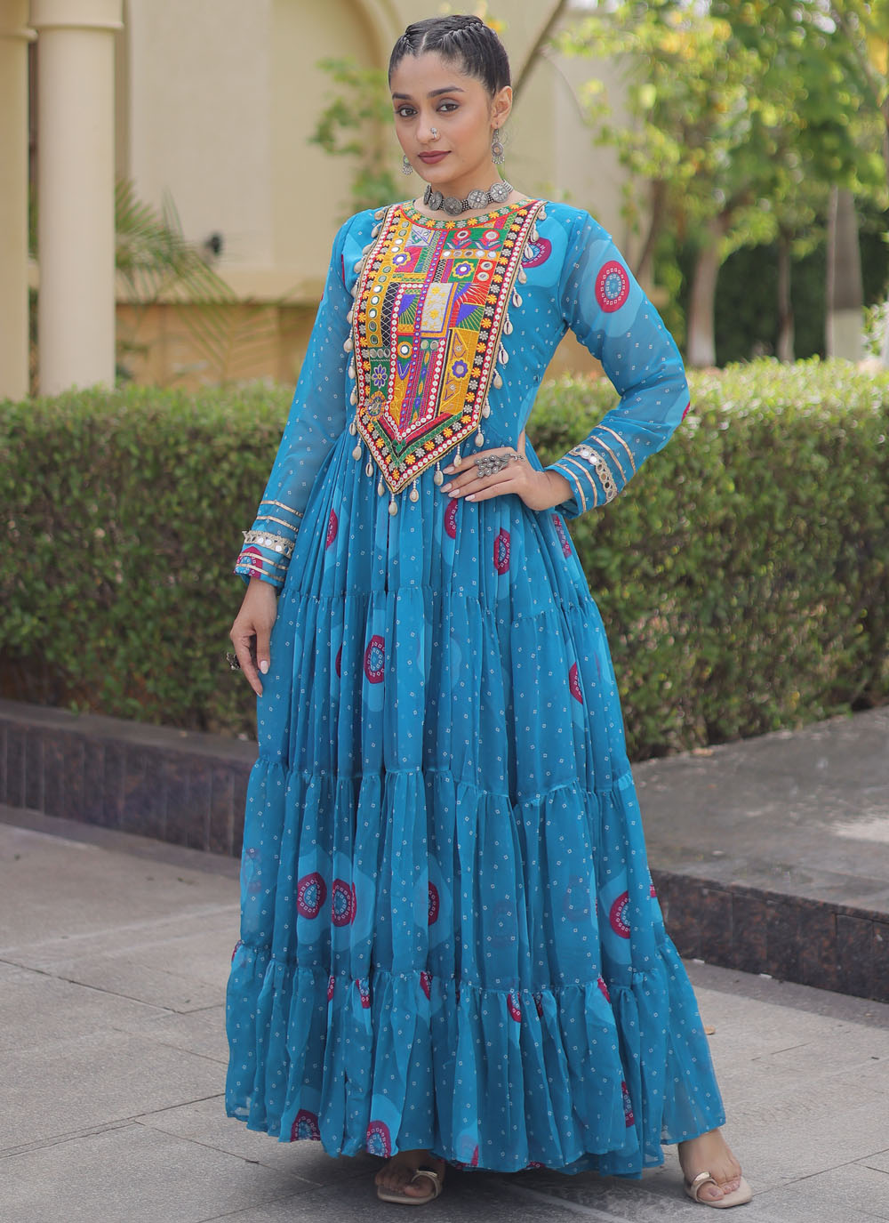 Blue Faux Georgette Bandhej Printed Readymade Navratri Festival Gown - Buy Online