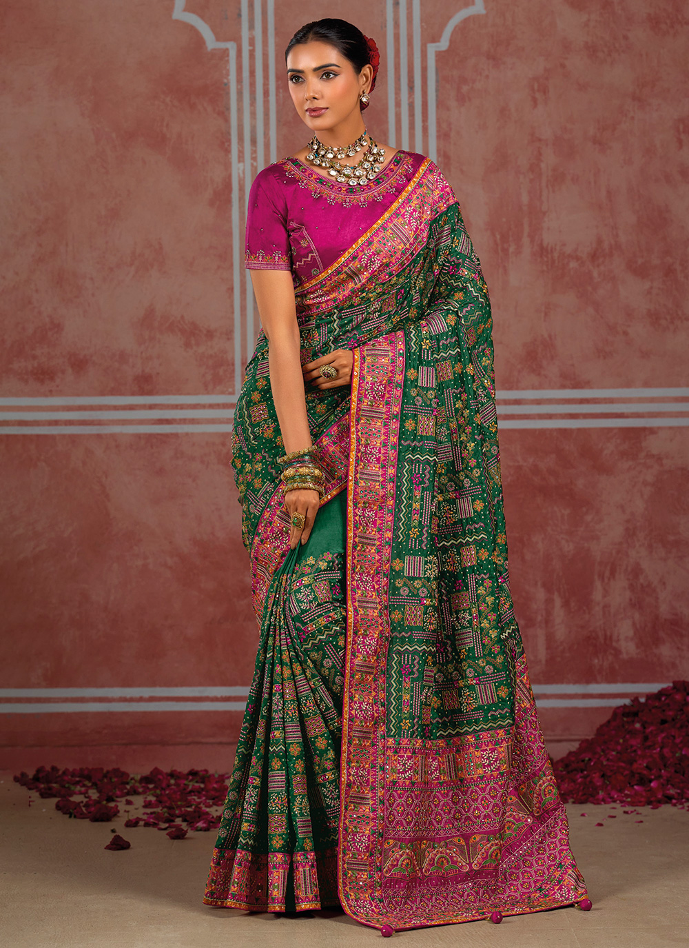 Green Silk Diamond and Mirror Work Classic Saree for Ceremonial - Buy Online